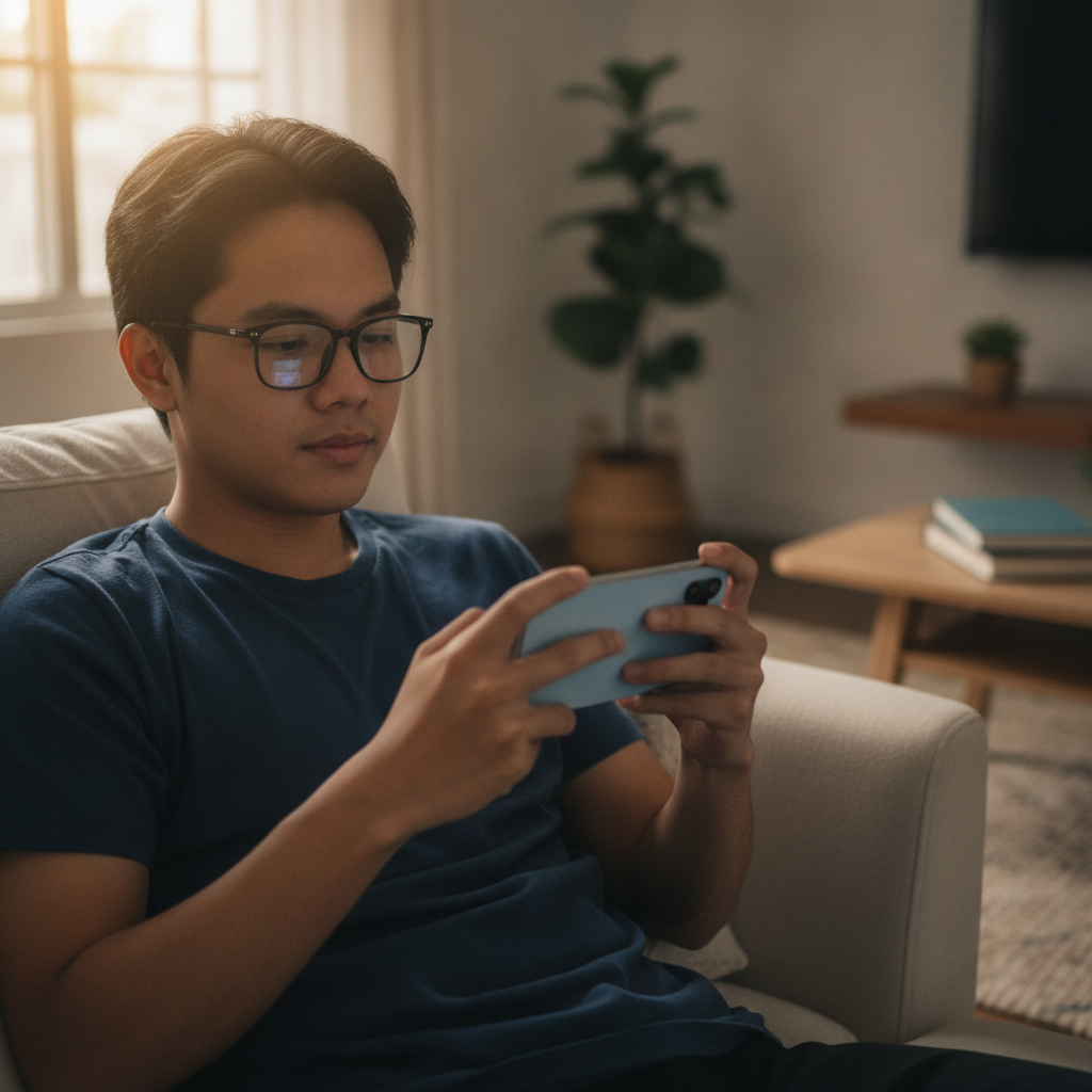 Filipino beginner learning to use online casino on smartphone at home